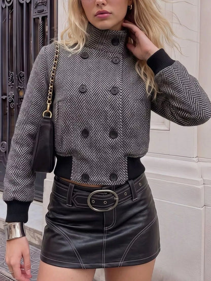 Herringbone Double-Breasted Cropped Outerwear - Black - View 1