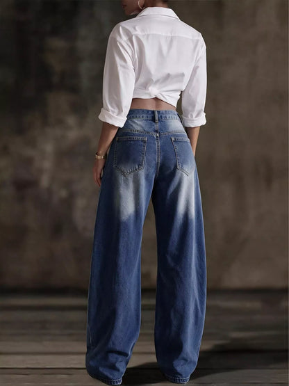 Decorative Button Wide Leg Jeans - Dark Blue - View 4