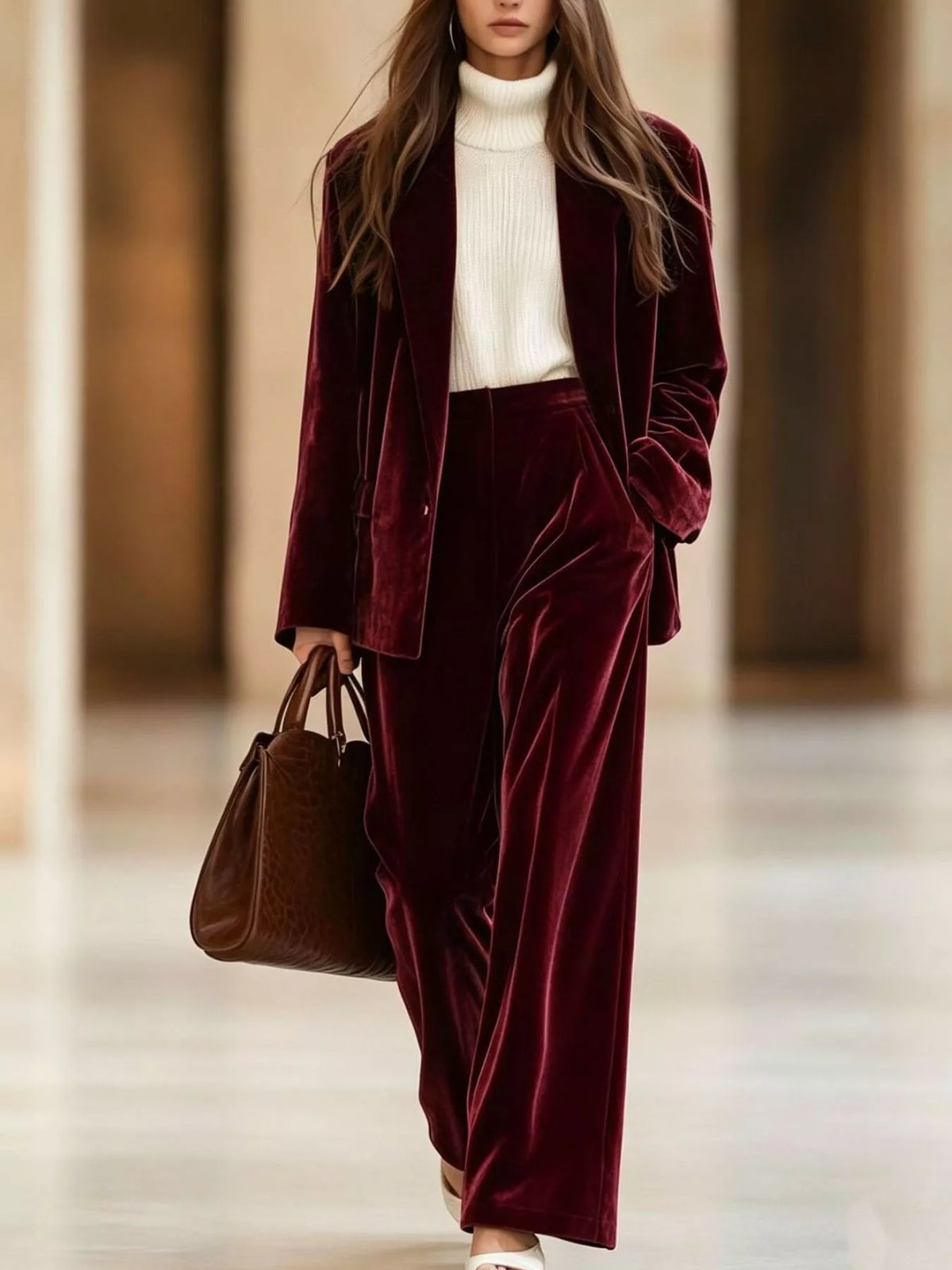 Velvet Blazer and Wide-Leg Pants Two-Piece Set - Burgundy - View 1