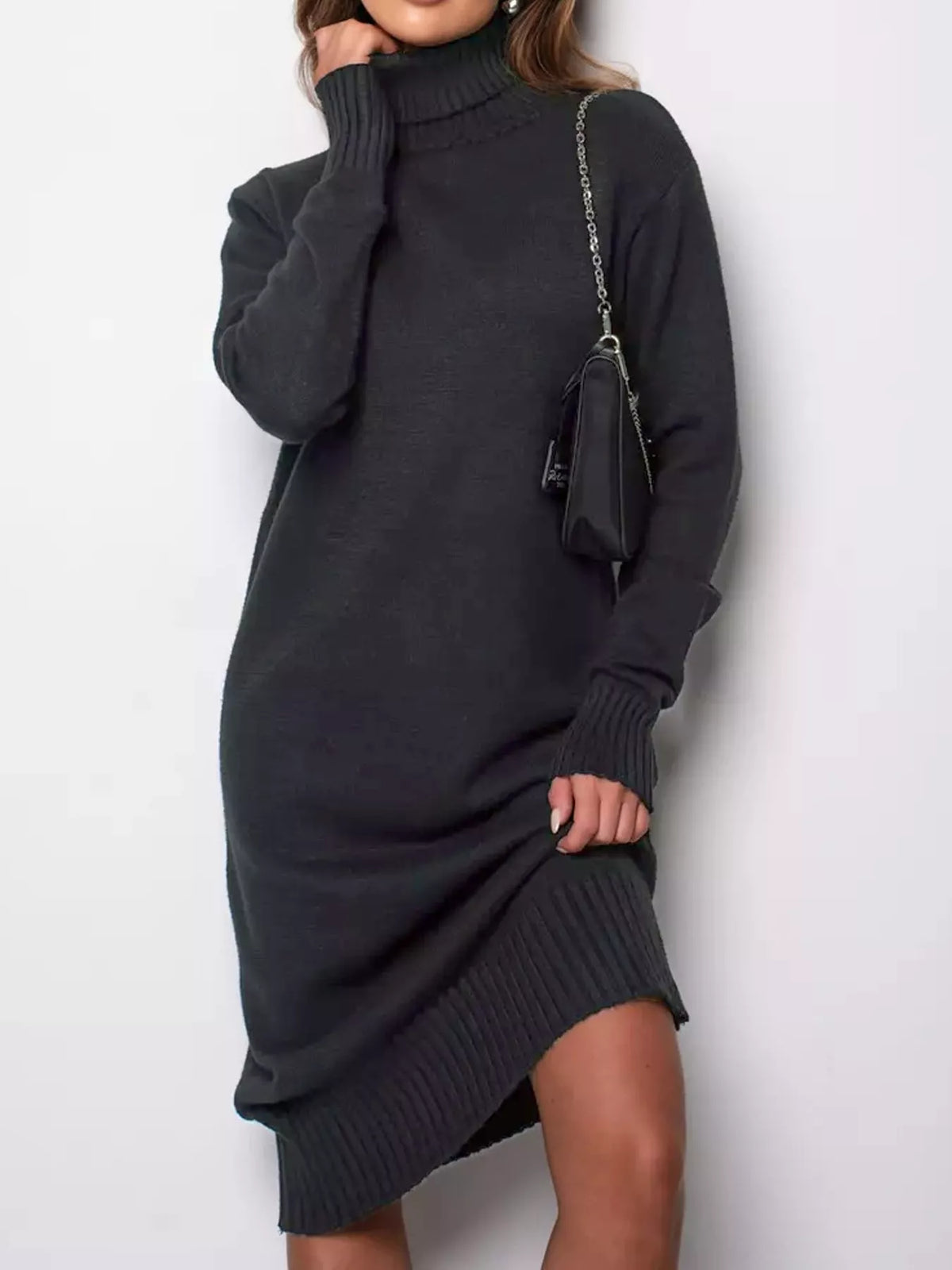 Turtleneck Ribbed Knit Sweater Dress - Dark Gray - View 22