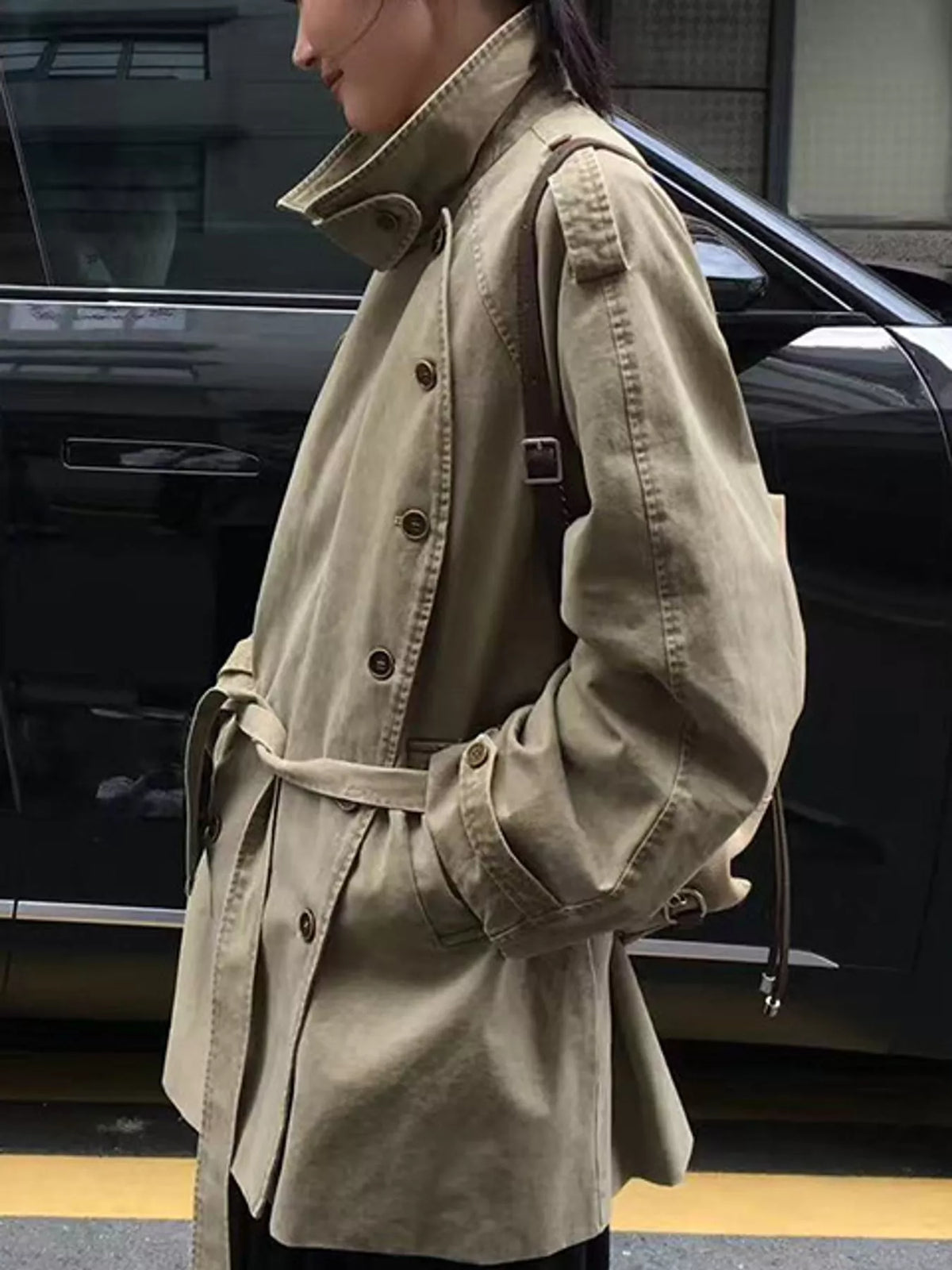 Vintage-Inspired Double-Breasted Belted Trench Outerwear - Camel - View 5