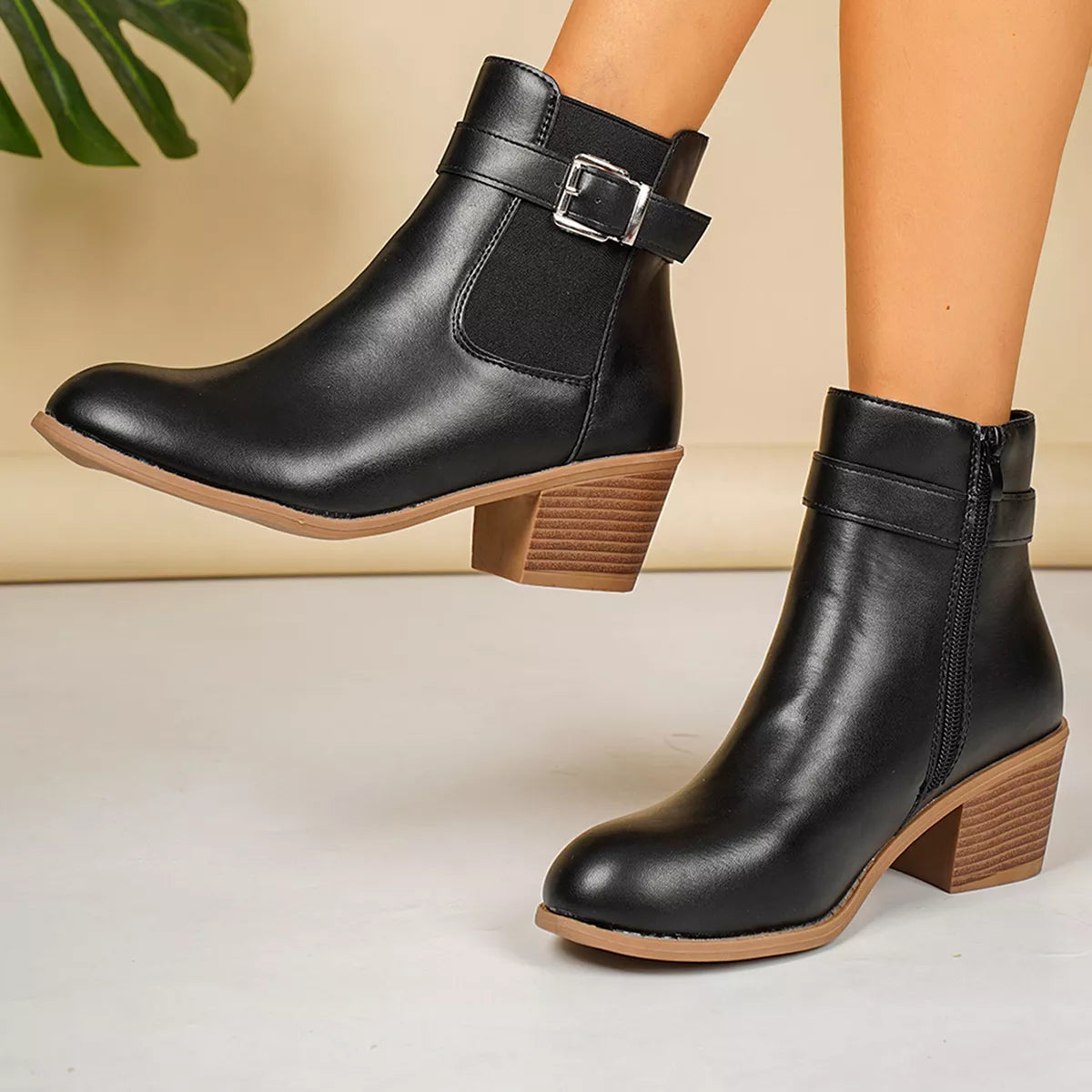 Point Toe Block Heels Boots - Black - View 1