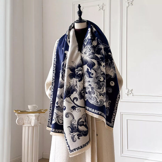 Floral Raw Hem Winter Scarf - Indigo - View 1