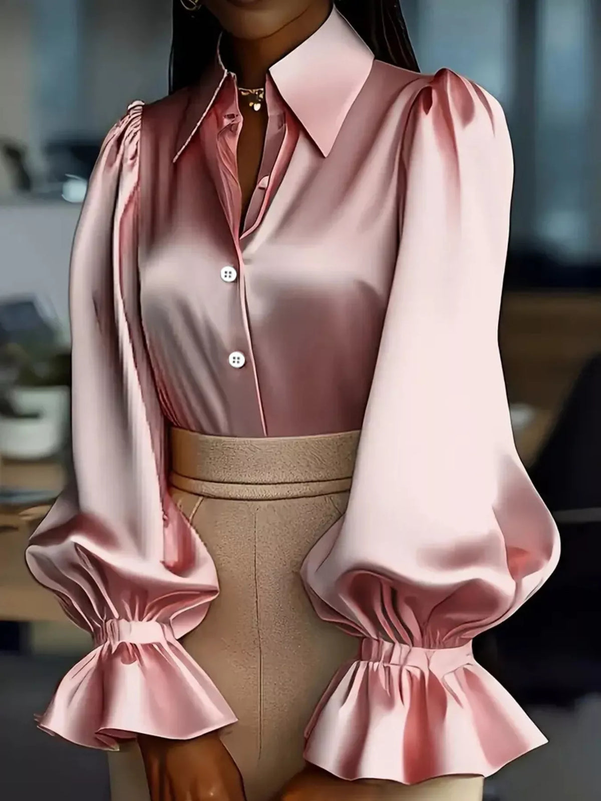 Satin Button Up Flounce Sleeve Shirt - Pink - View 7