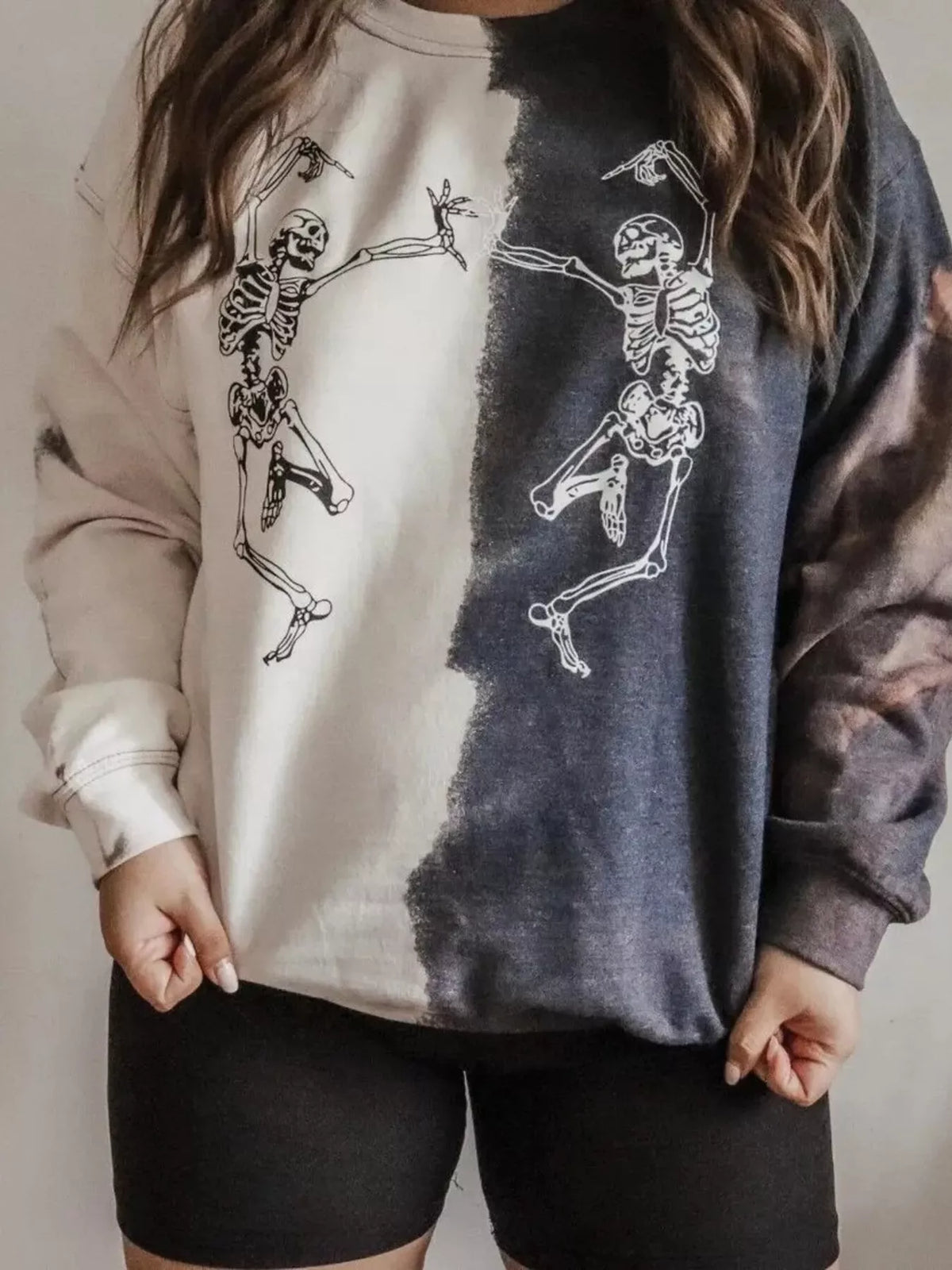 Halloween Skeleton Print Color Block Sweatshirt - Ivory - View 1