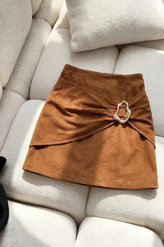 Metal Buckle Detail Mini Skirt - Caramel - View 1