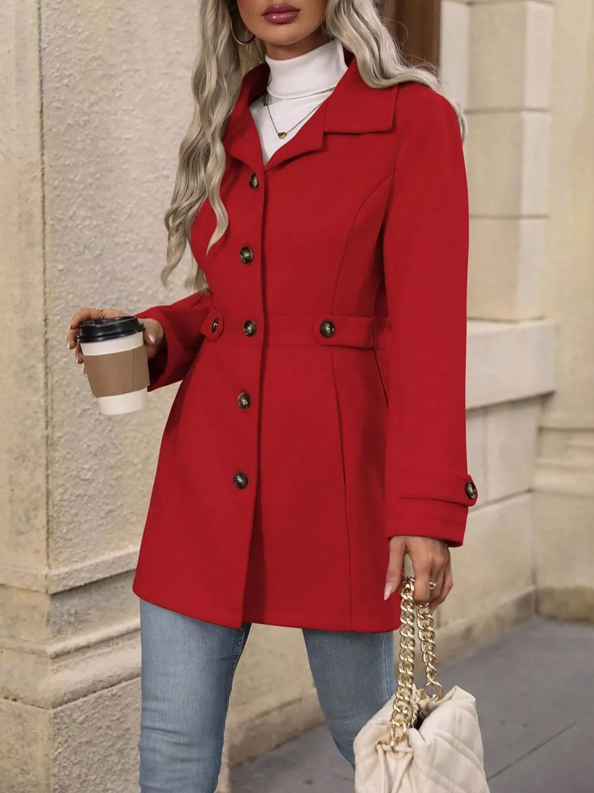 Single-Breasted Long Sleeve Coat - Red - View 4