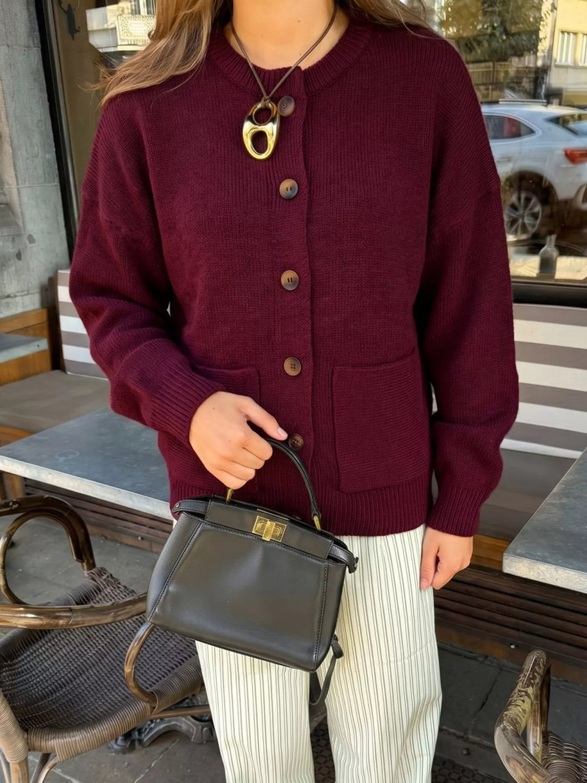 Button Up Dropped Shoulder Cardigan - Wine Red - View 2