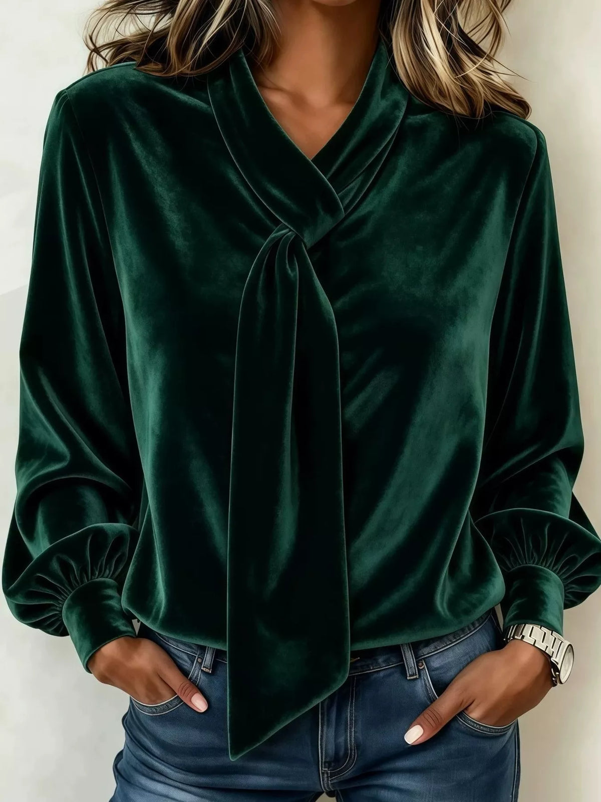 Full Size Velvet Tie-Neck Long Sleeve Blouse Plus Size - Green - View 7