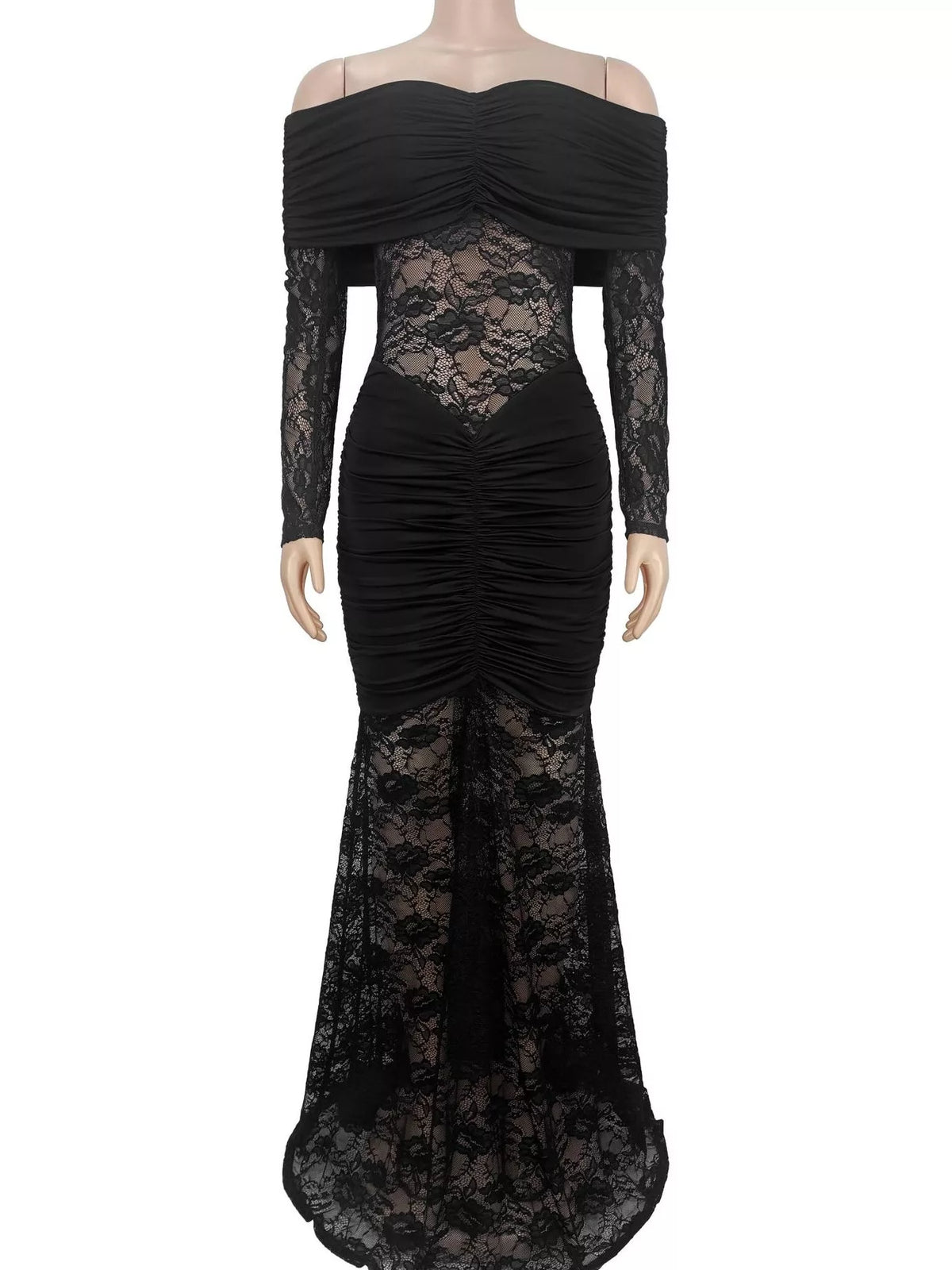 Off-Shoulder Ruched Lace Mermaid Maxi Dress - Black - View 3