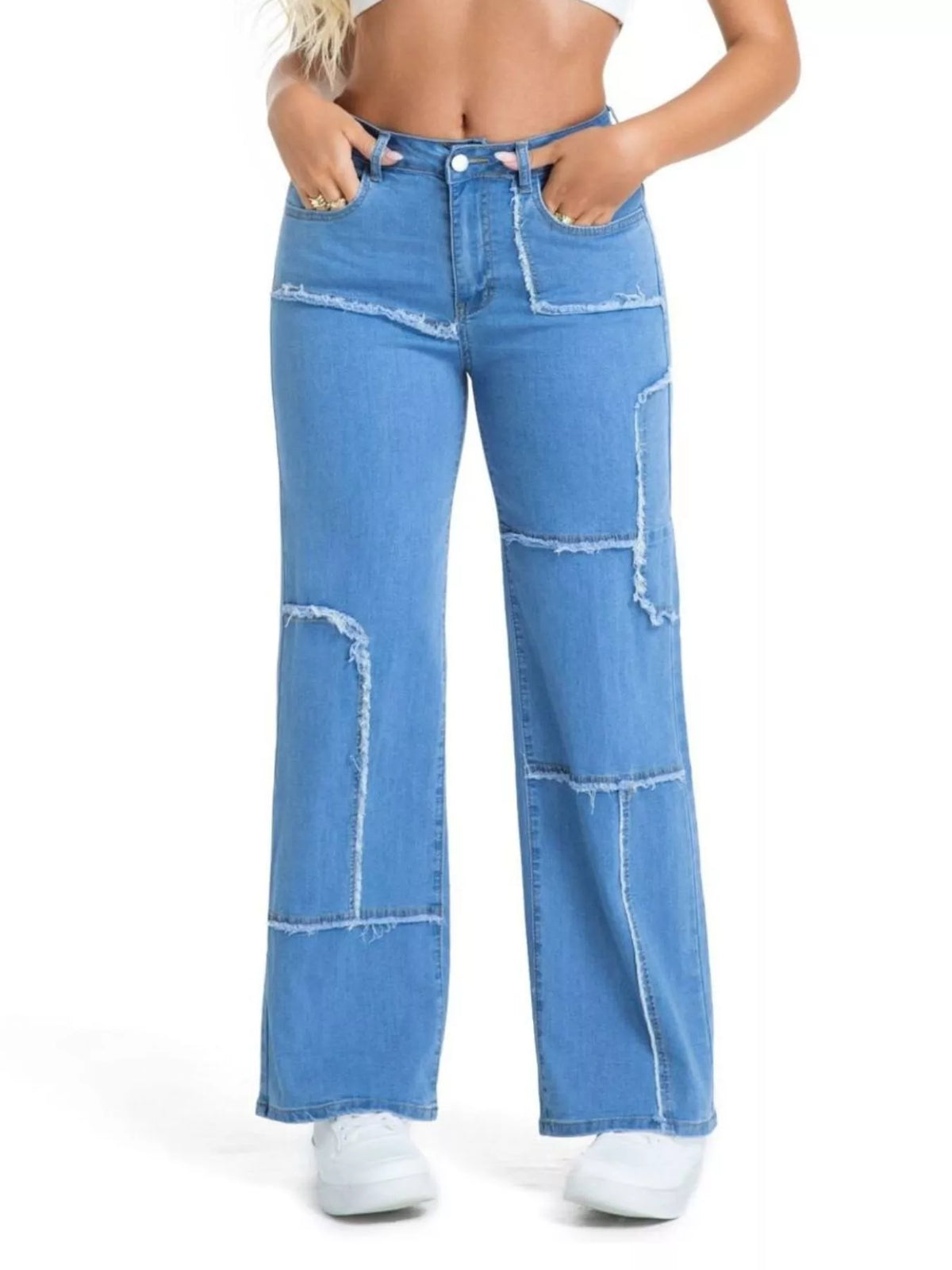 Frayed Edge Straight Leg Jeans - Light Blue - View 1