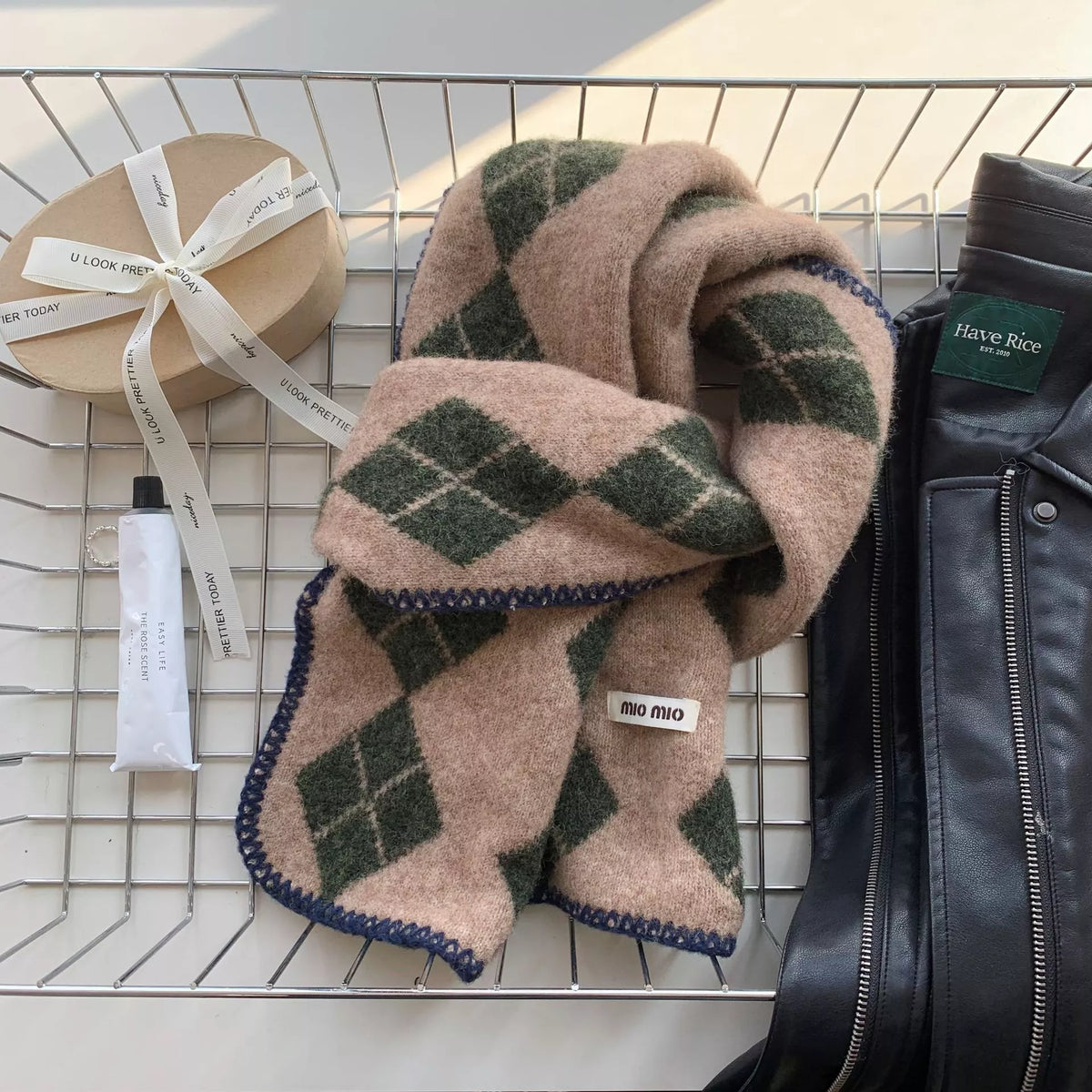 Argyle Pattern Warm Scarf - Tan - View 4