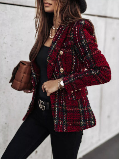 Full Size Plaid Tweed Double-Breasted Blazer Plus Size - Burgundy - View 1