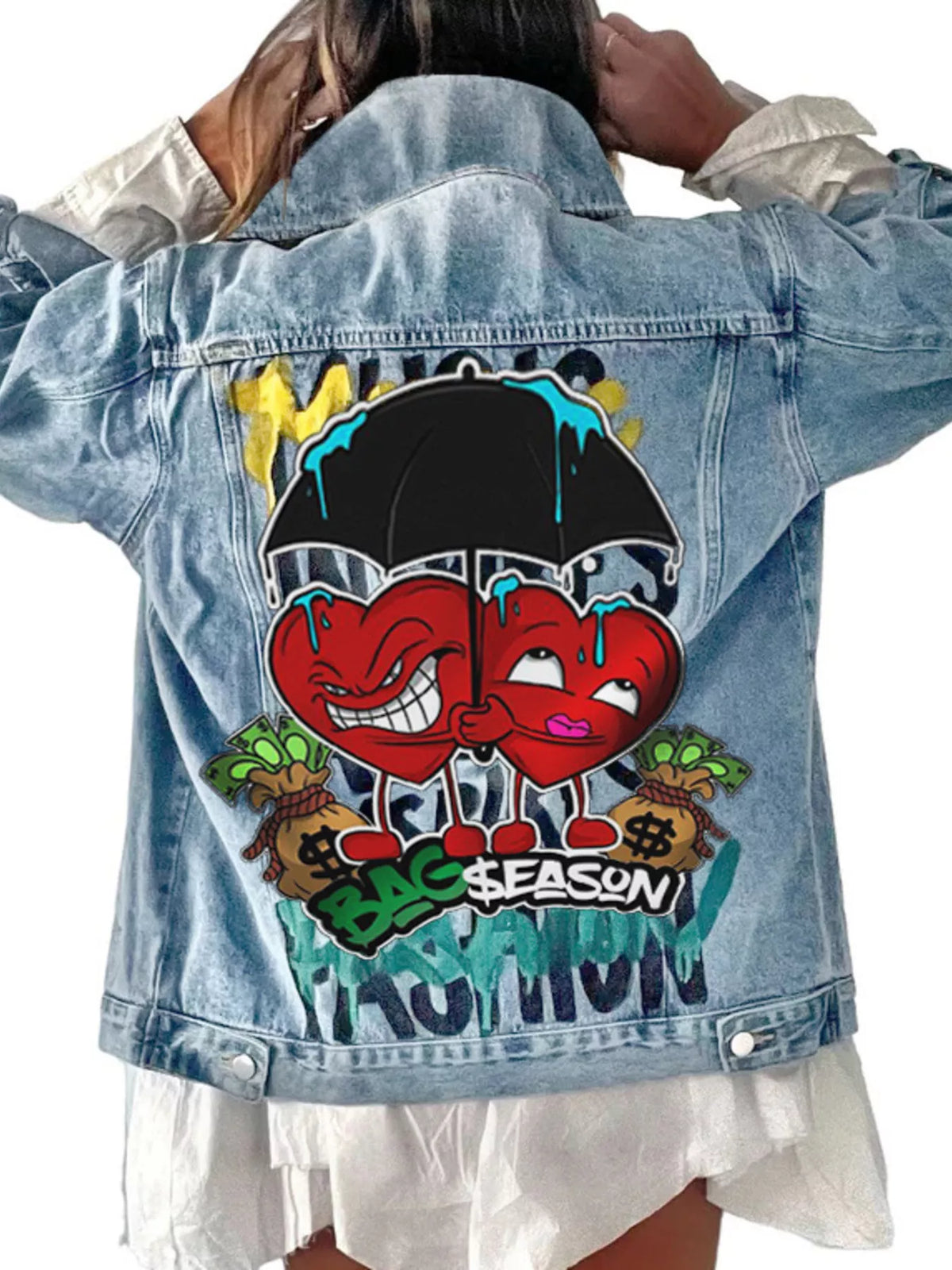 Full Size Heart and Umbrella Graphic Denim Jacket Plus Size - Light Blue - View 1