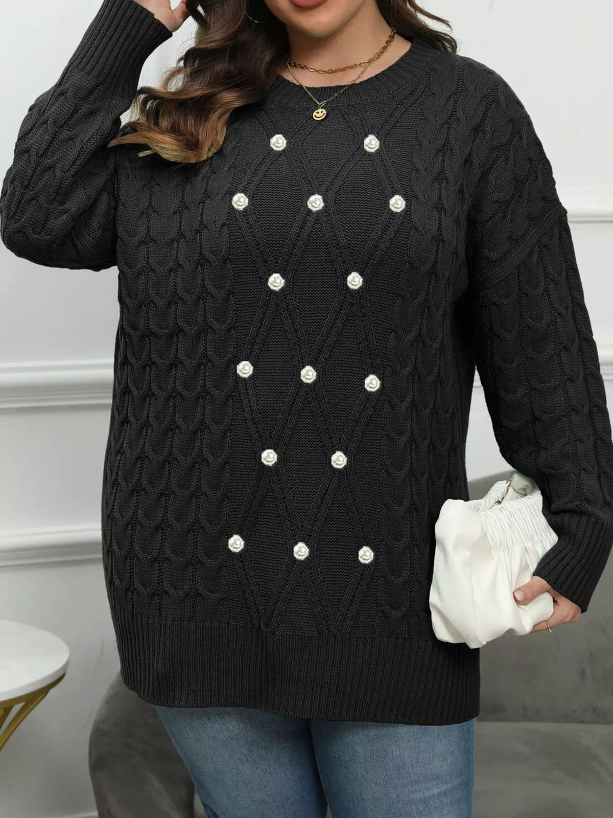 Plus Size Cable Knit Dropped Shoulder Sweater - Red - View 3