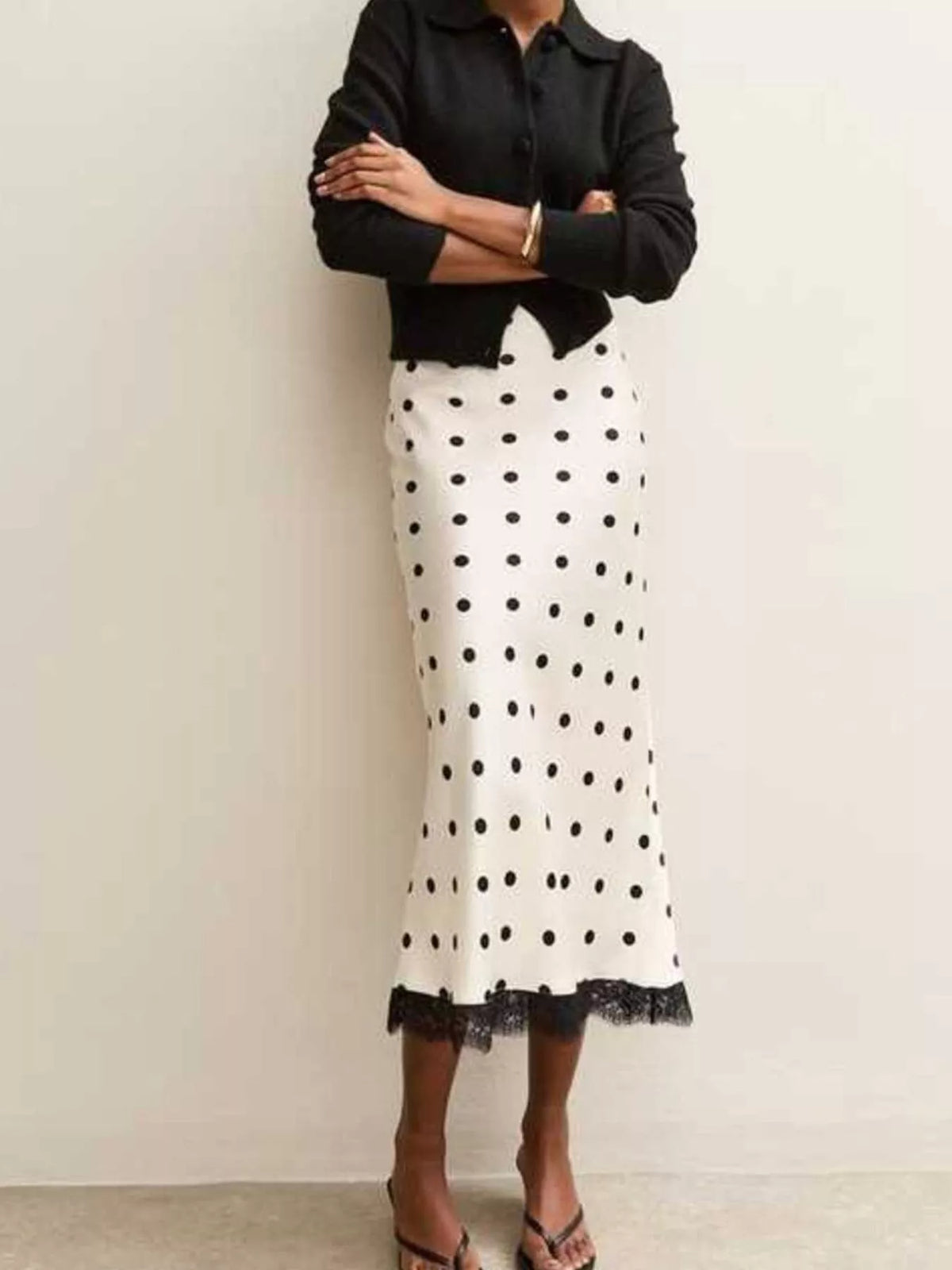 Polka Dot Midi Skirt with Lace Trim - White - View 2