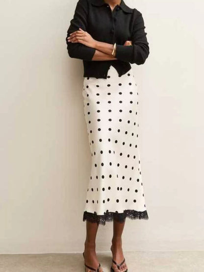 Polka Dot Midi Skirt with Lace Trim - White - View 2