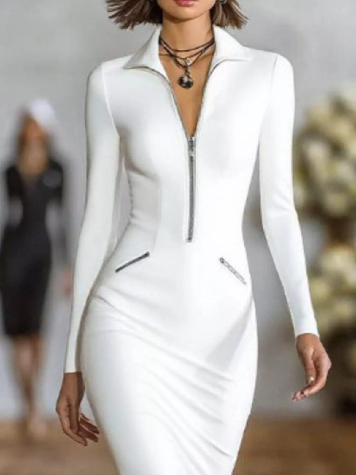 Full Size Zip-Front Bodycon Midi Dress Plus Size - White - View 2