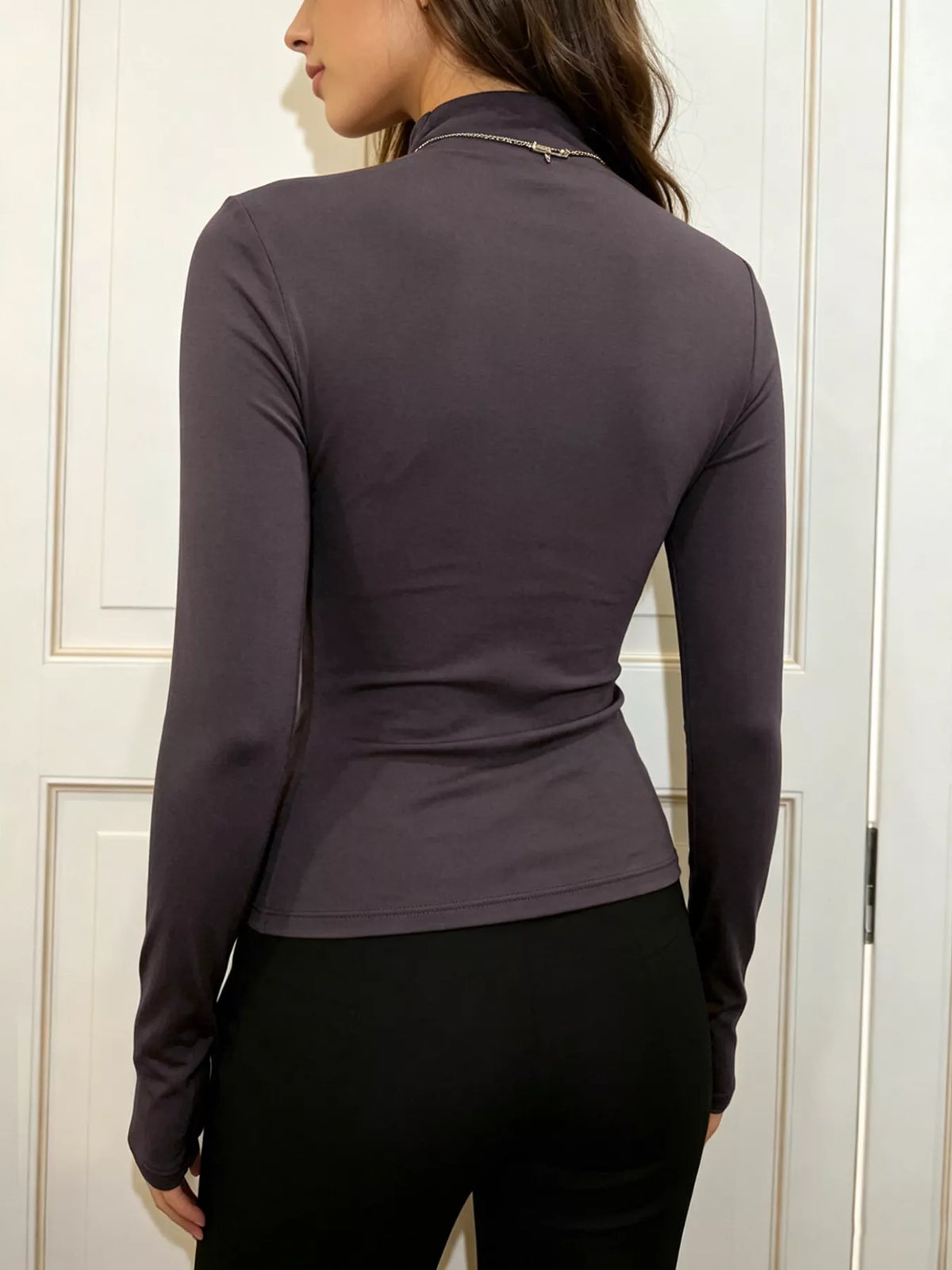 Slim-Fit Mock Neck Long Sleeve T-Shirt - Brown - View 5