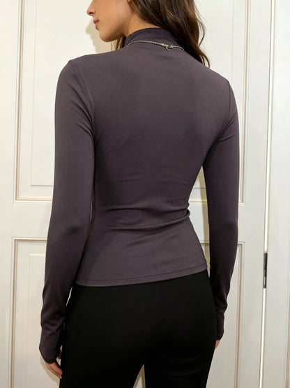 Slim-Fit Mock Neck Long Sleeve T-Shirt - Brown - View 5