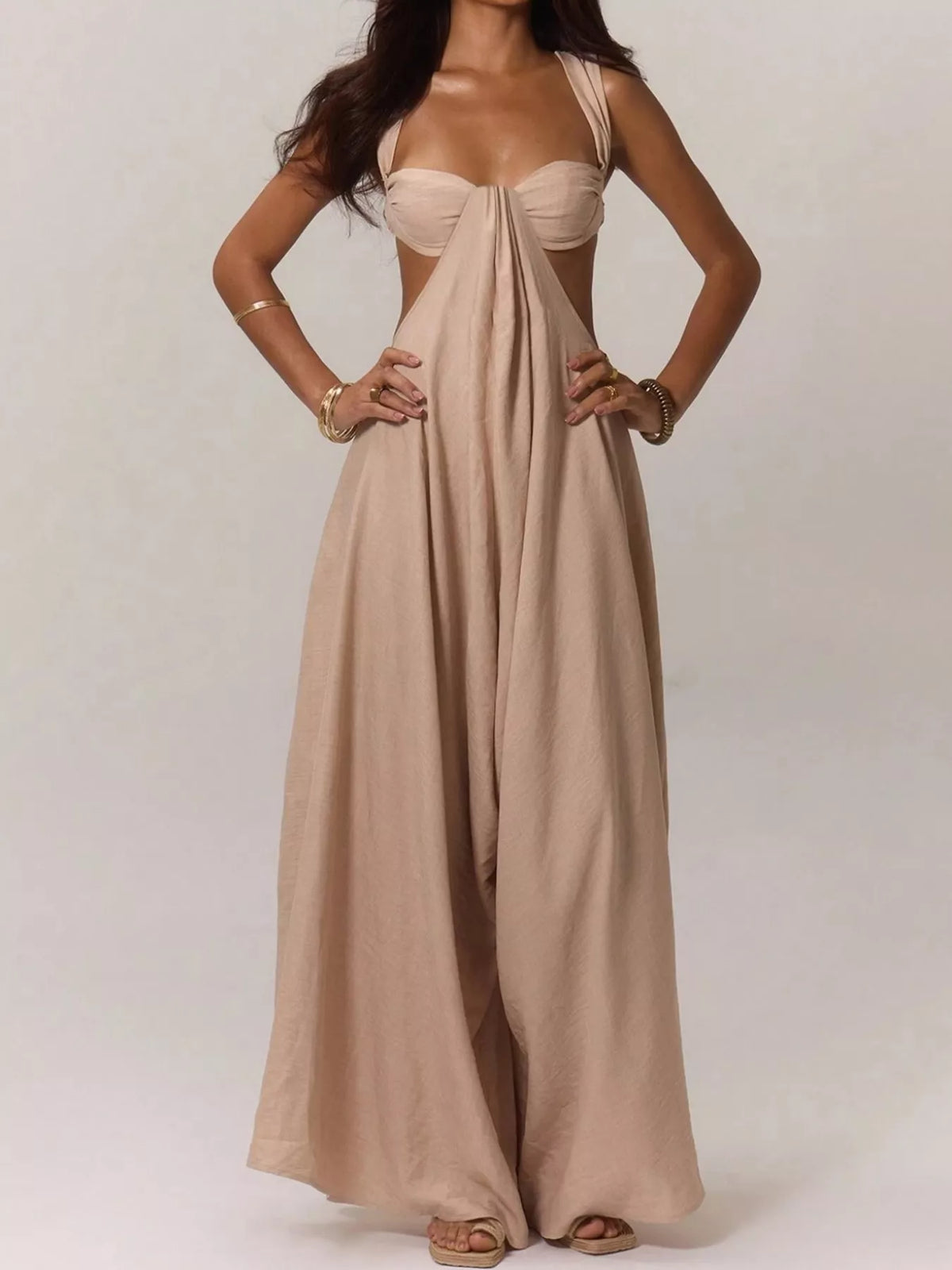 Backless Wide-Leg Jumpsuit with Cut-out Detail - Khaki - View 1