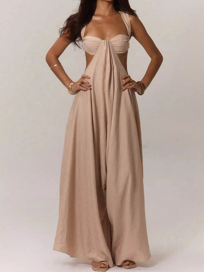 Backless Wide-Leg Jumpsuit with Cut-out Detail - Khaki - View 1