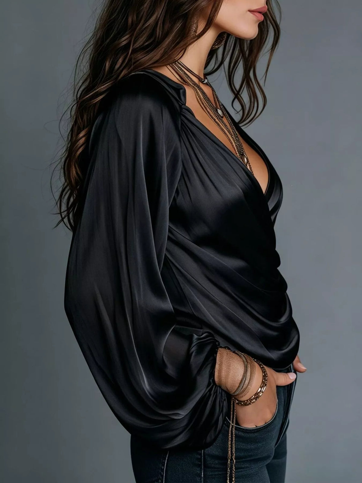 Satin Balloon Sleeve Blouse - Black - View 7