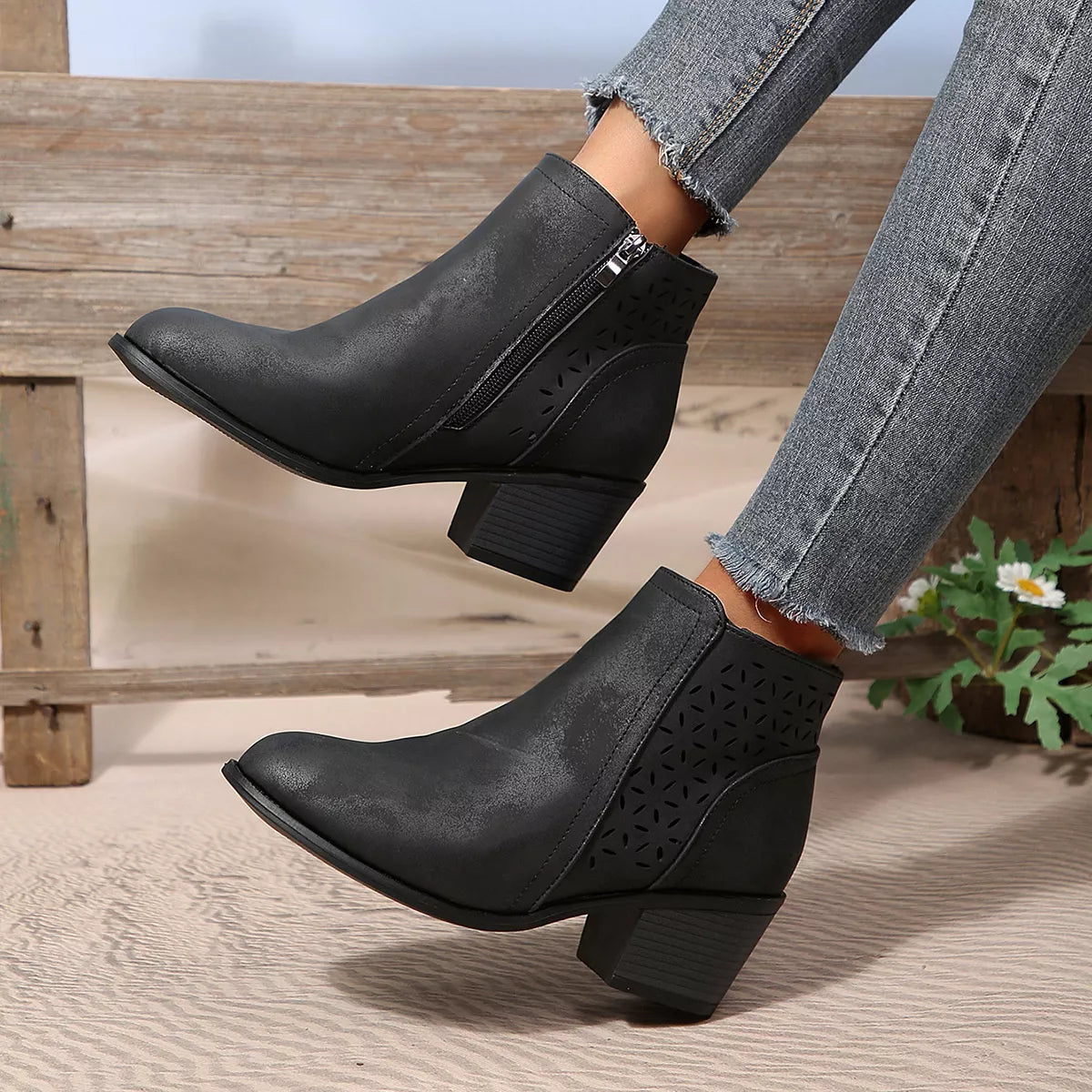 Point Toe Block Heels Boots - Black - View 2