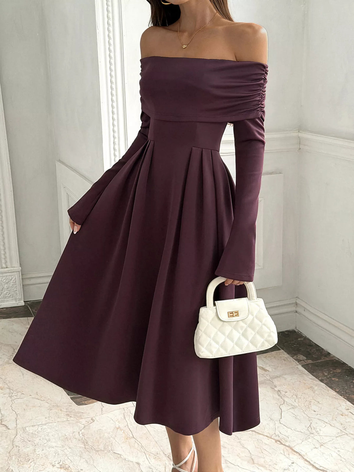 Off-Shoulder Long Sleeve Midi Dress - Coffee Brown - View 4