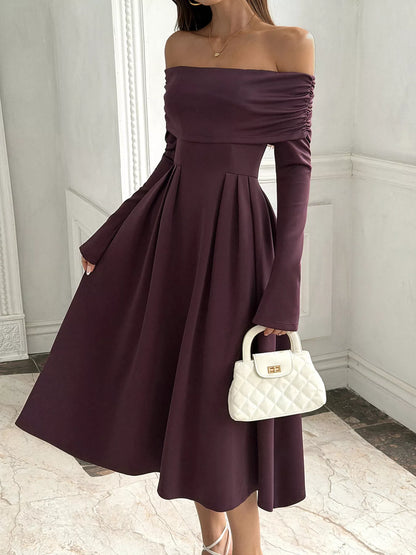 Off-Shoulder Long Sleeve Midi Dress - Coffee Brown - View 4