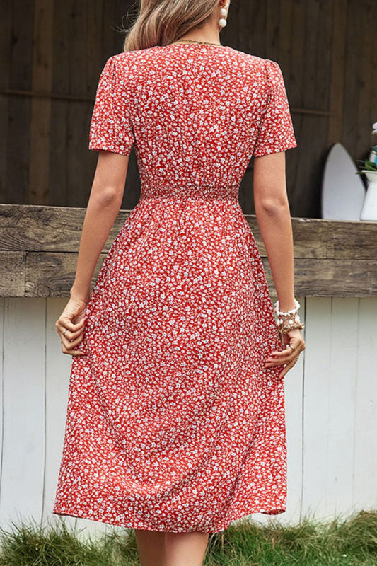 Perfee Ditsy Floral Button Front Tied Puff Sleeve Dress - Deep Red - View 2