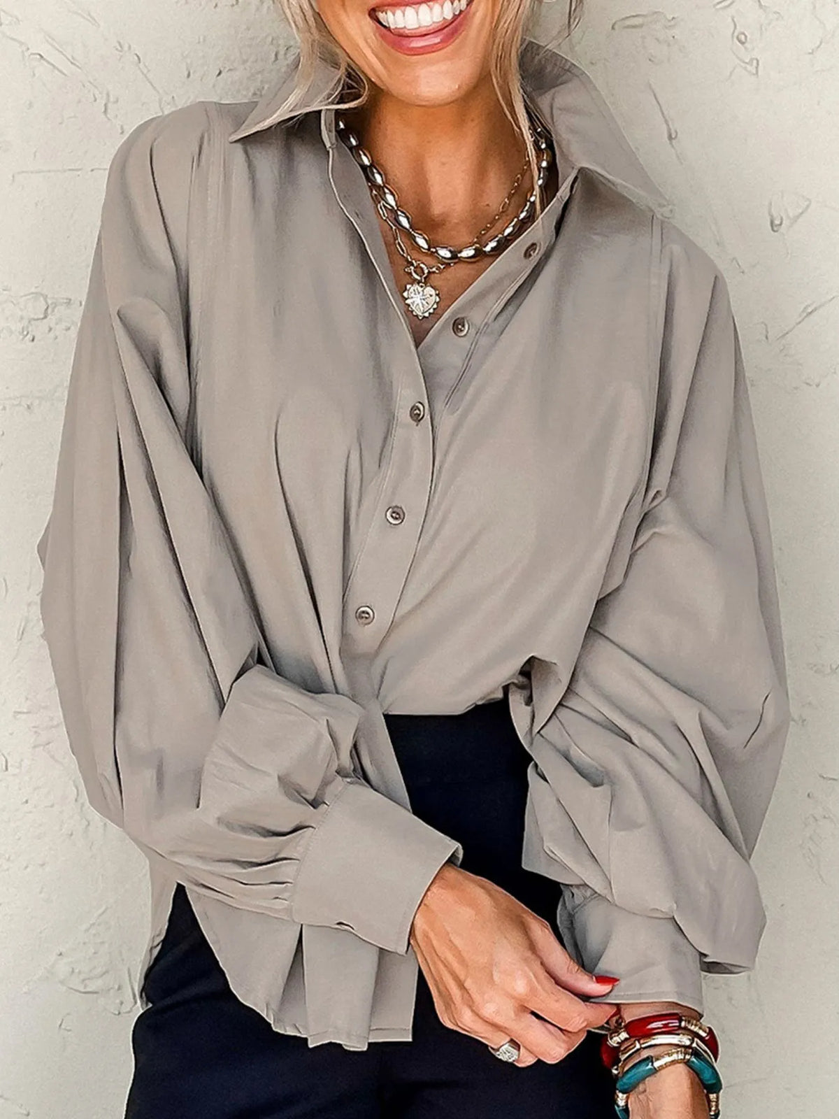 Button Up Lantern Sleeve Shirt - Gray - View 3