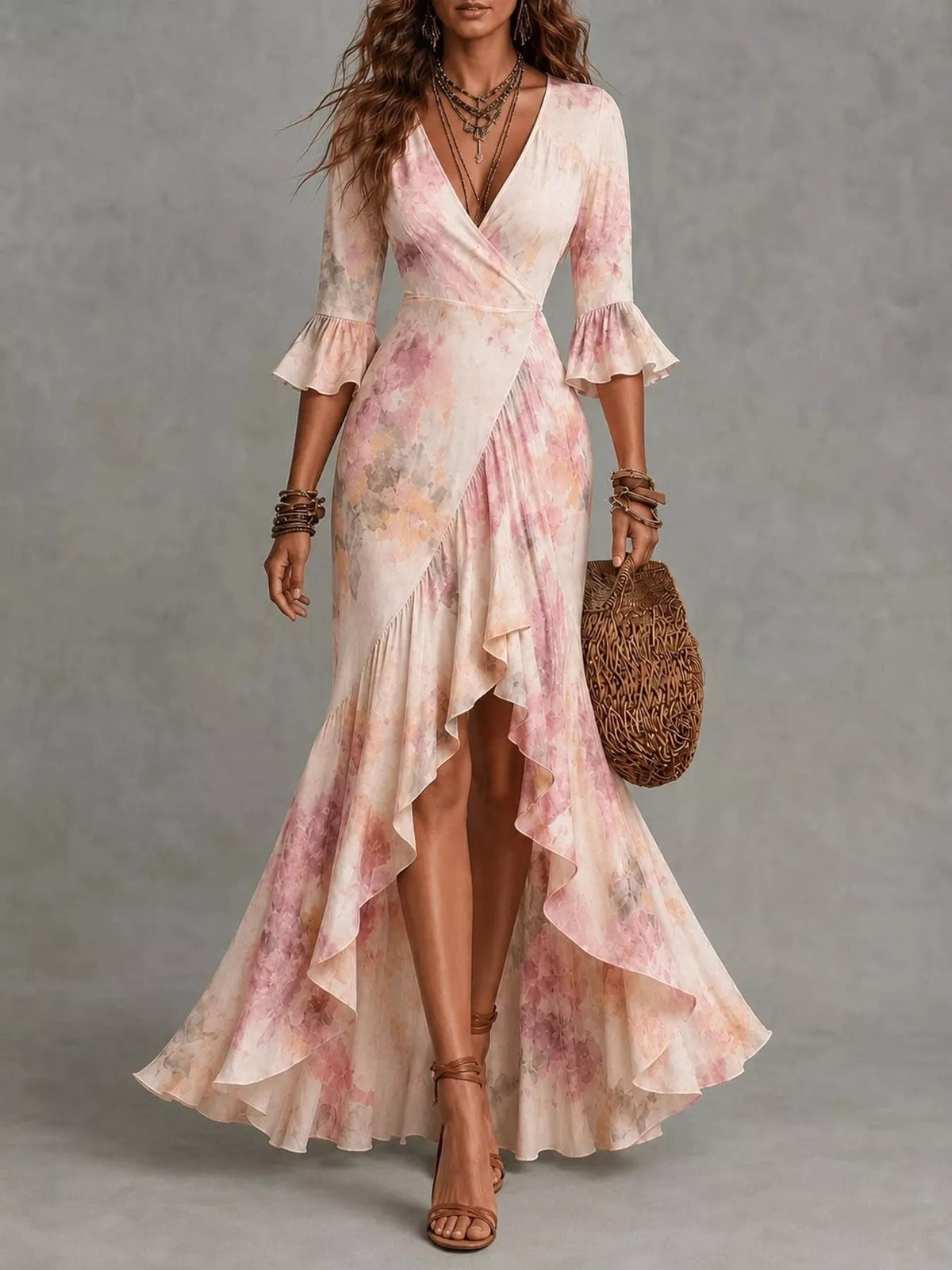 High-Low Ruffled Maxi Dress - Dusty Pink - View 16
