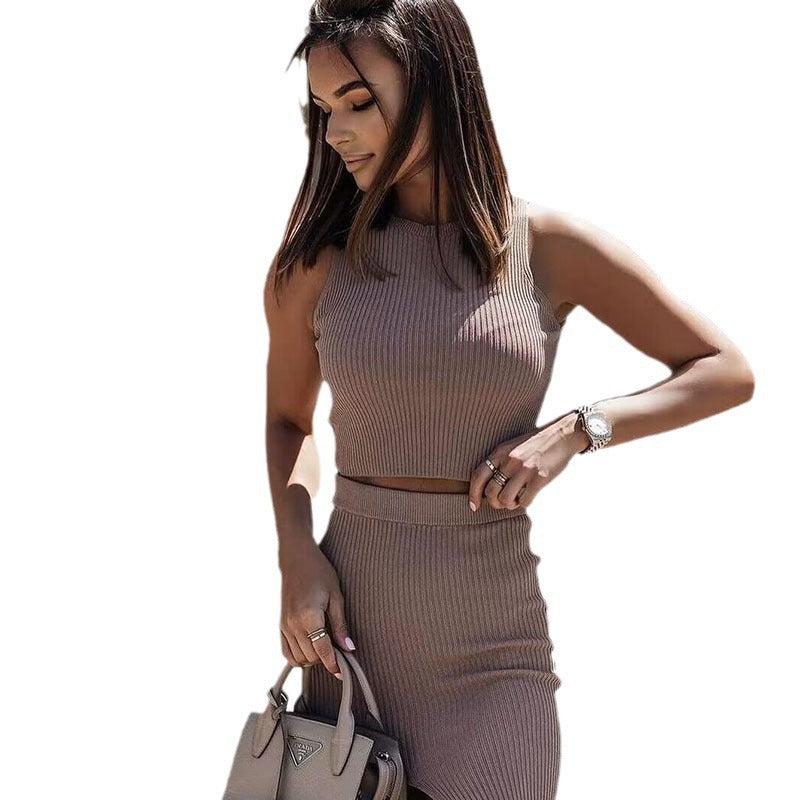 Women's Fashion Solid Color Round Neck Crop Top with Side Split Skirt Set, Casual Outfit for Women