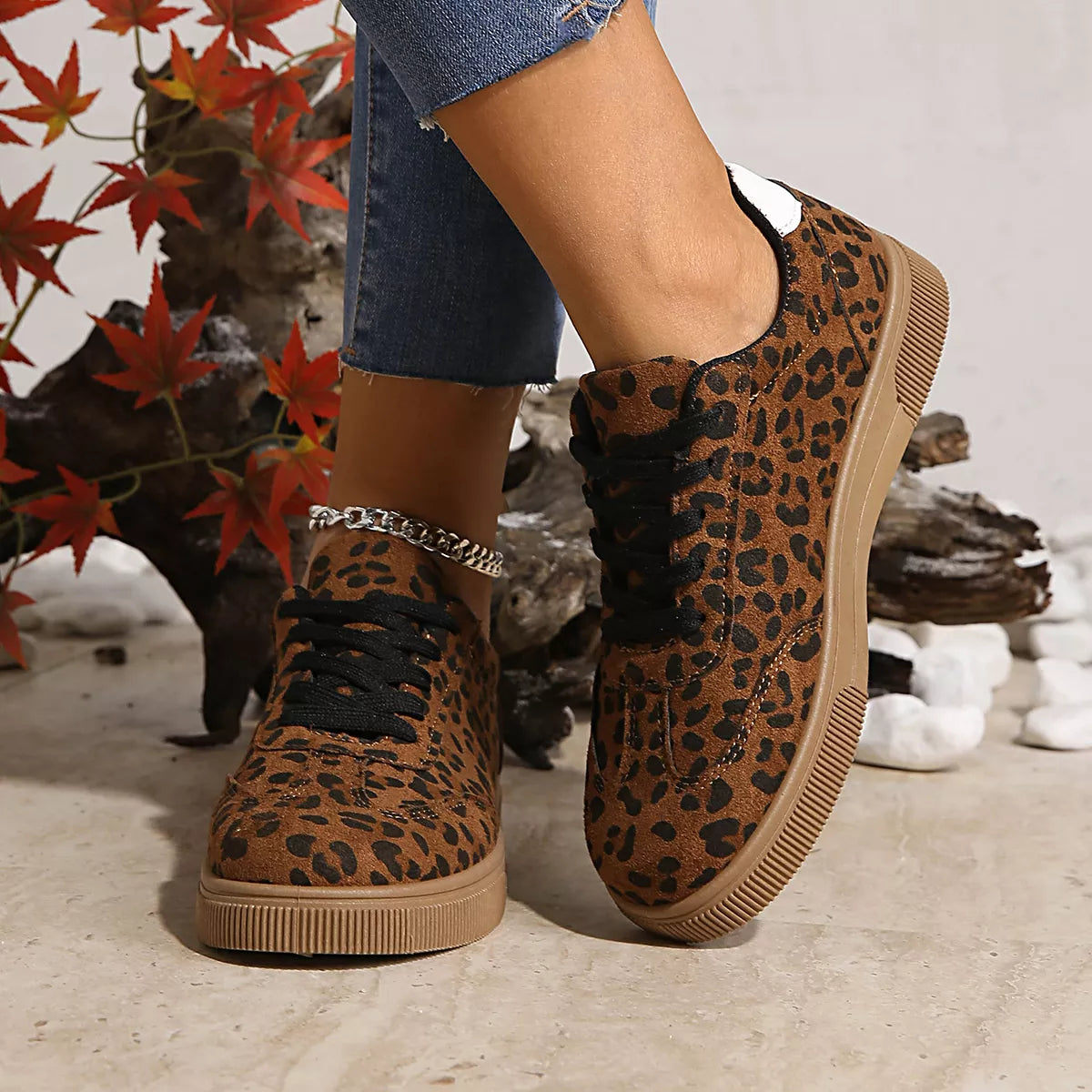 Leopard Lace Up Sneakers - Brown - View 3