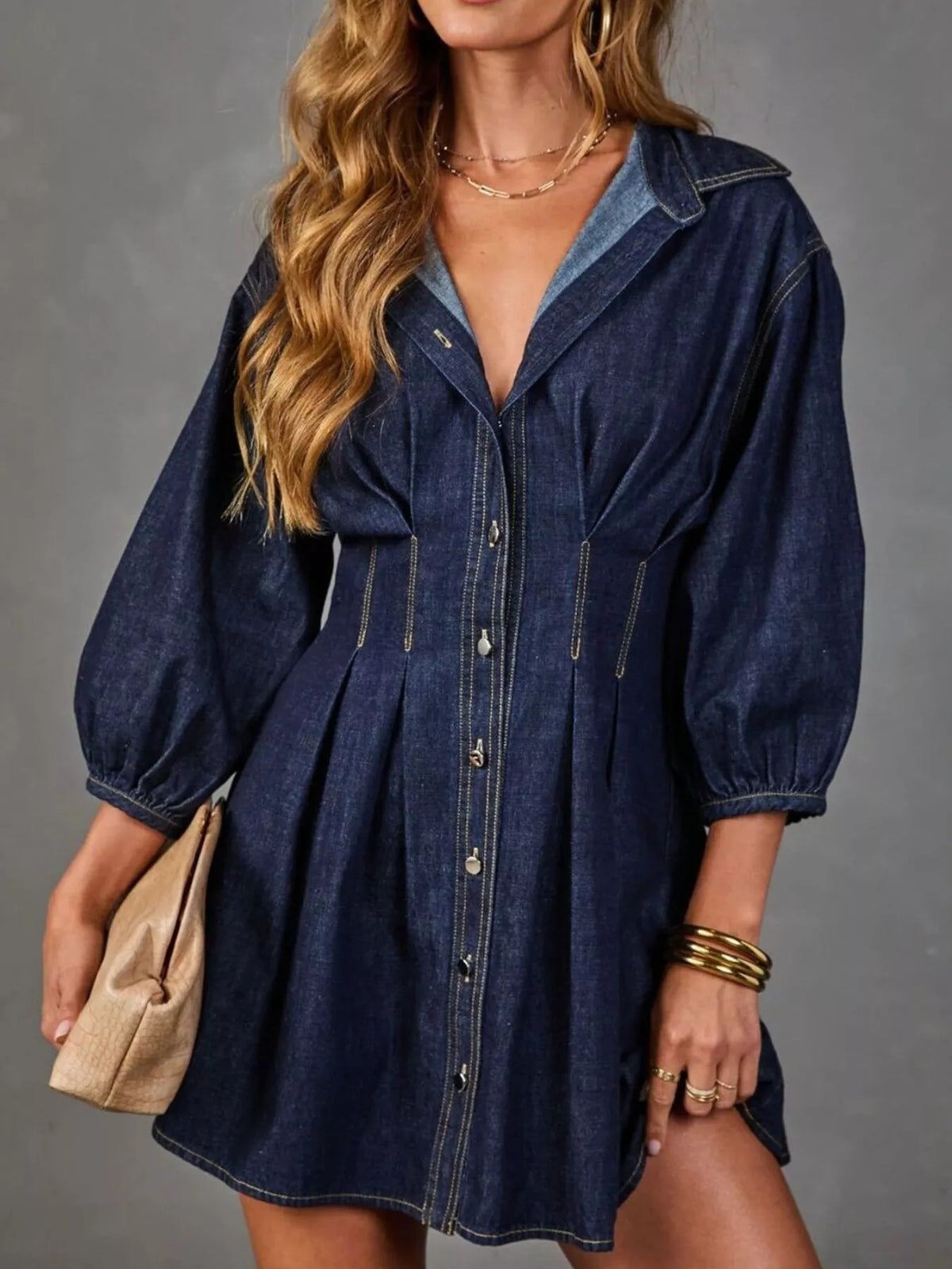 Button Down 3/4 Sleeve Denim Dress - Dark Blue - View 2