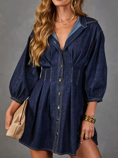 Button Down 3/4 Sleeve Denim Dress - Dark Blue - View 2