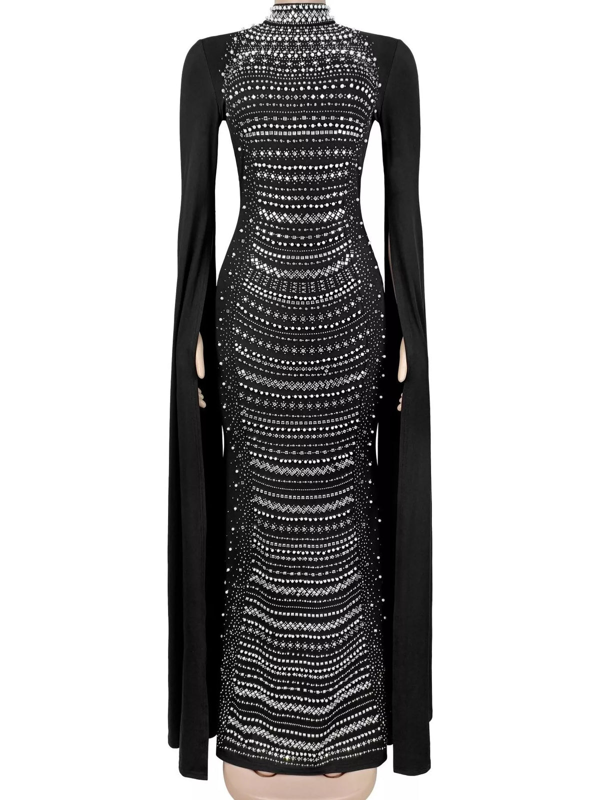 Rhinestone Slit Flare Sleeve Cape Maxi Dress - Black - View 5
