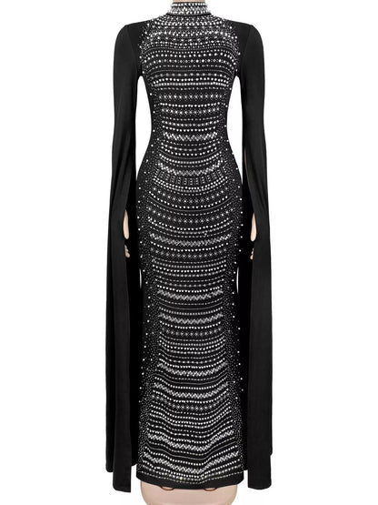 Rhinestone Slit Flare Sleeve Cape Maxi Dress - Black - View 5