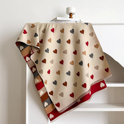 Heart Pattern Fringe Winter Scarf - Beige - View 2