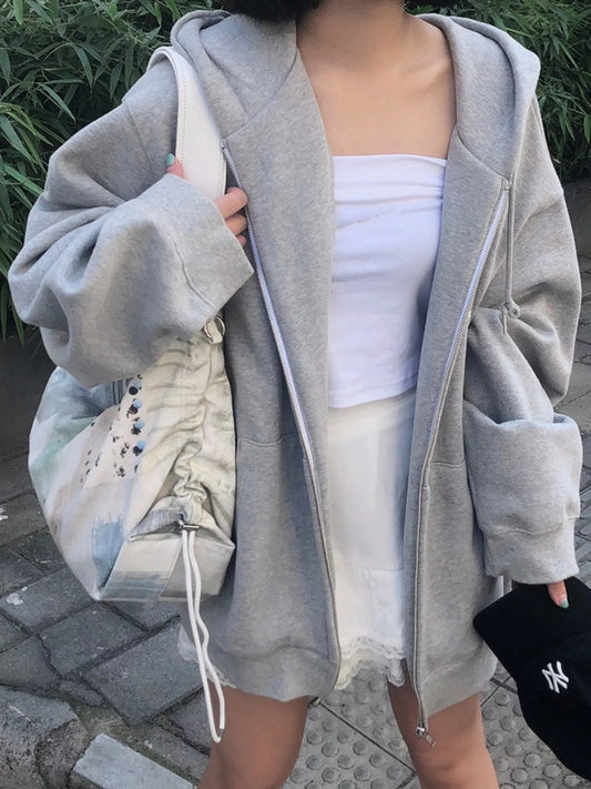 Full Size Zip-Up Dropped Shoulder Hoodie Plus Size - Gray-Fleece-lined - View 1