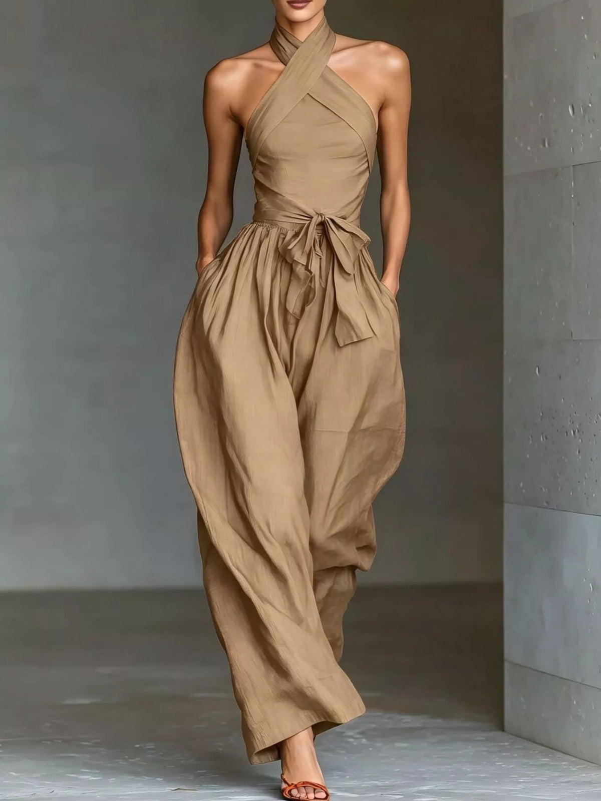 Halter Neck Wide-Leg Jumpsuit with Waist-Tie Detail - Khaki - View 1