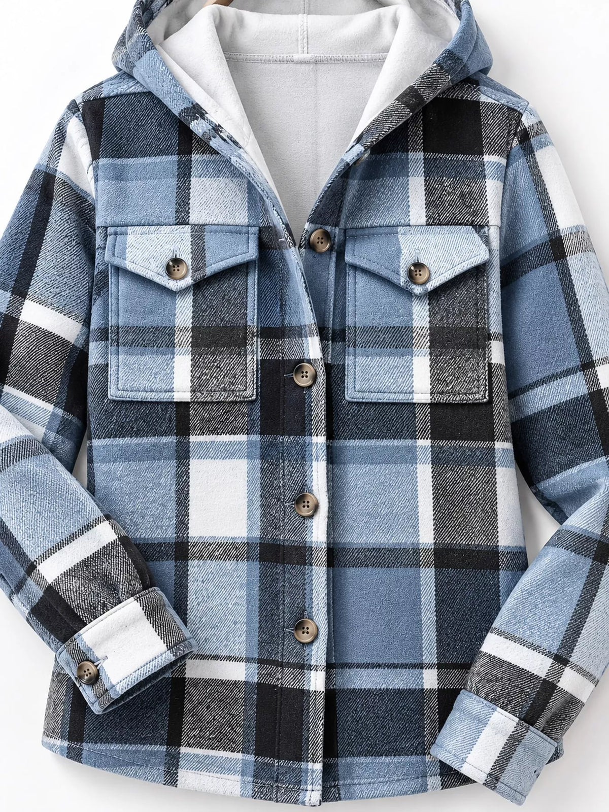 Fleece-Lined Plaid Button Up Shacket - Light Blue - View 10