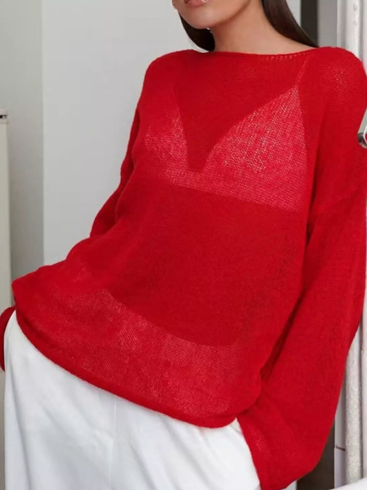 Full Size Sheer Lightweight Knit Top Plus Size - Red - View 7
