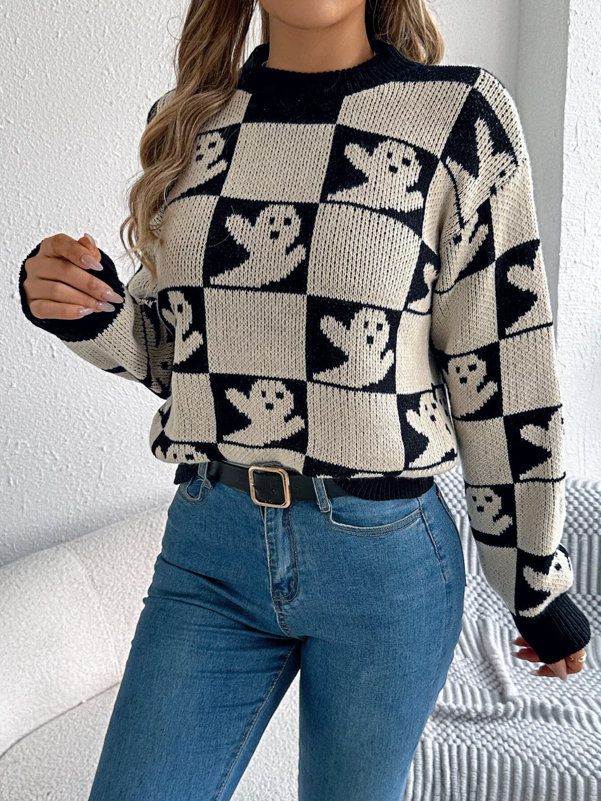 Checkerboard Halloween Graphic Sweater - Beige - View 5