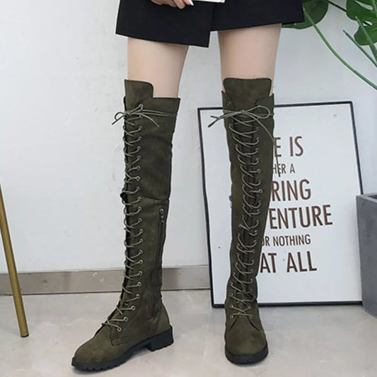 Lace-Up Over-the-Knee Boots - Green - View 2