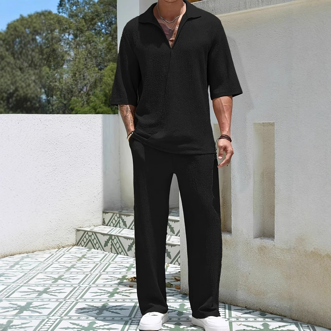 Men's casual shirt solid color half sleeved pants two-piece set