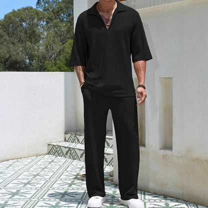 Men's casual shirt solid color half sleeved pants two-piece set