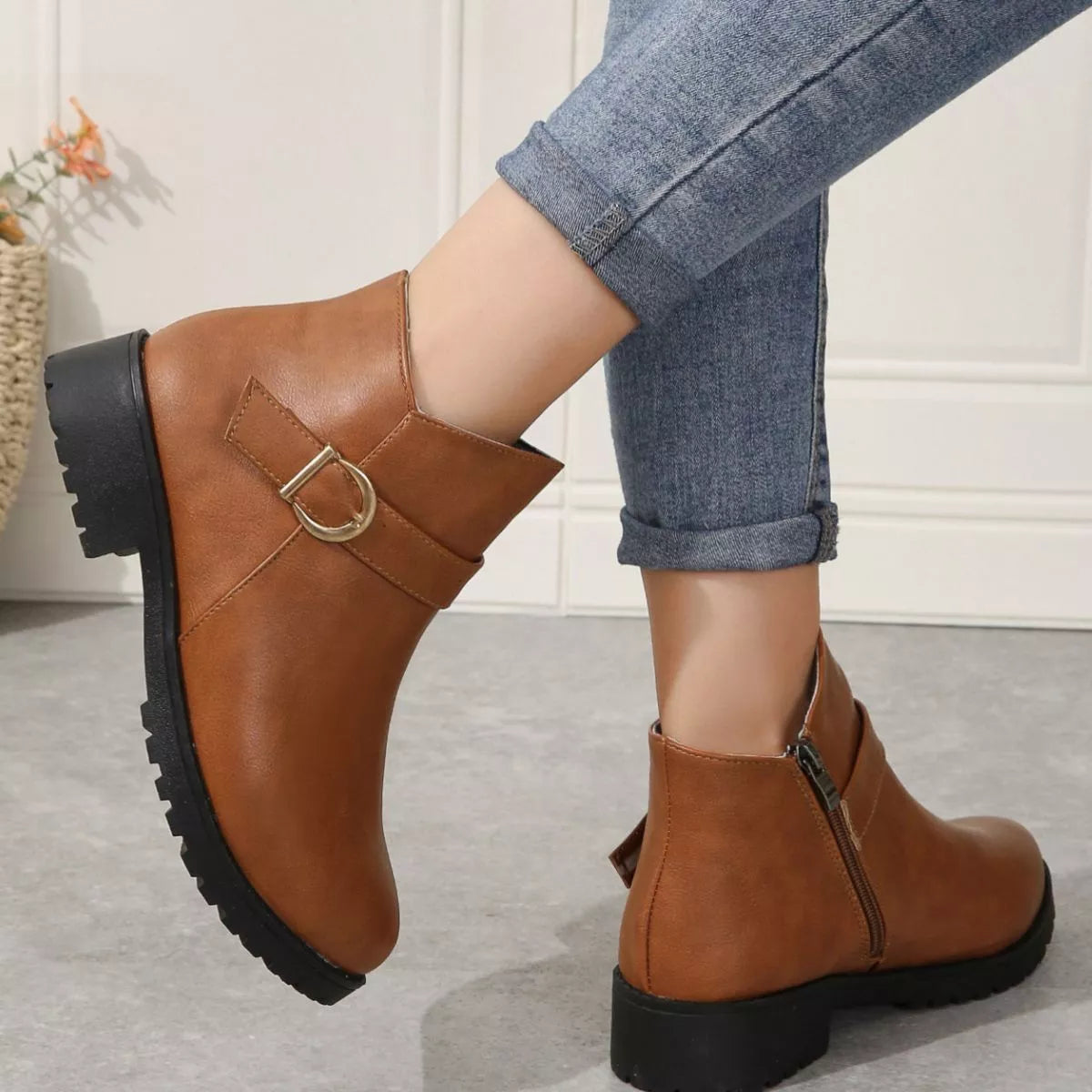Round Toe Block Heels Boots - Yellowish Brown - View 10