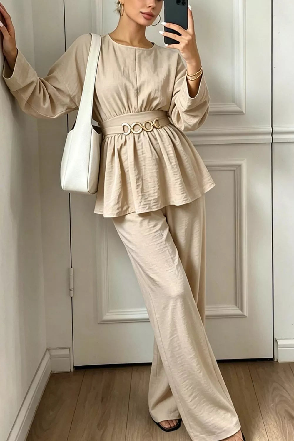 Metal Chain Waist Detail Top and Pants Set - All Colors - View 4